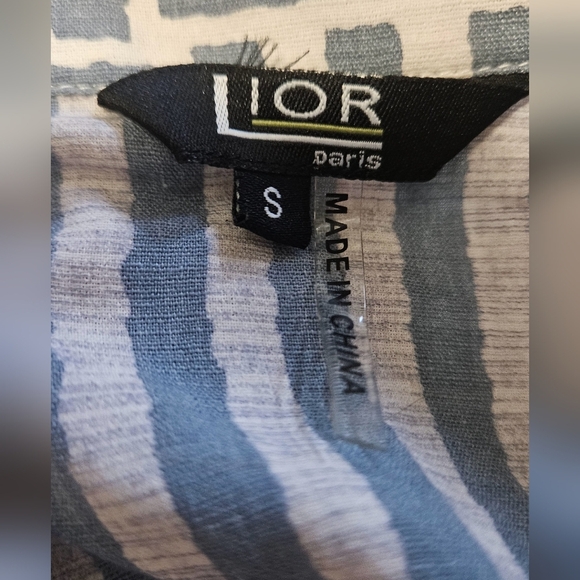 LIOR PARIS Blue/White BANDED COLLARNECK 3/4 ROLL TAB SLEEVE BLOUSE.FRIDA. Size S - Picture 5 of 11